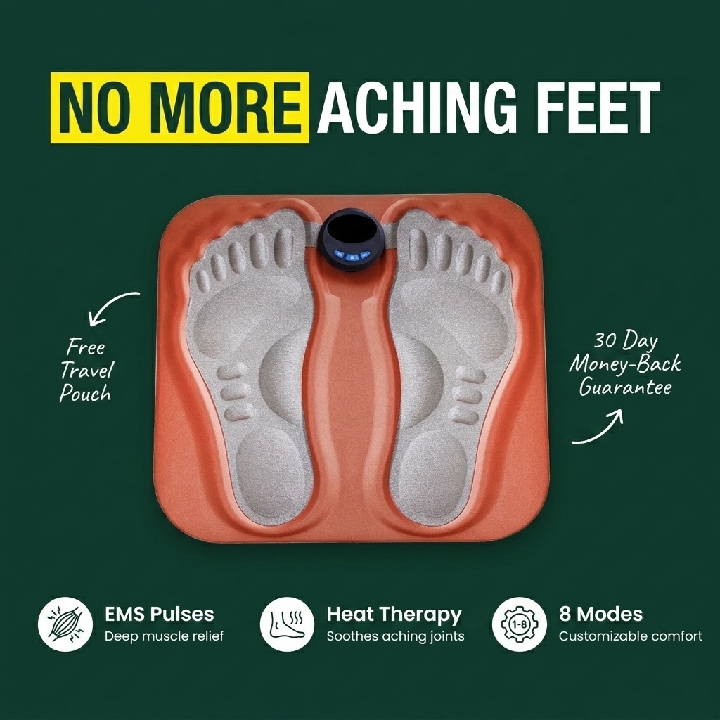 Alyqra EMS Foot Massager - No More Aching Feet pain relief infographic with product hero and benefit icons