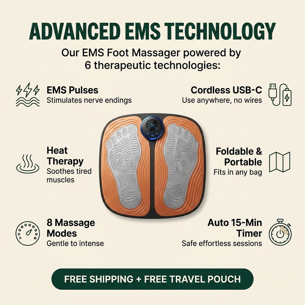 Alyqra EMS Foot Massager advanced technology diagram with 6 feature callouts