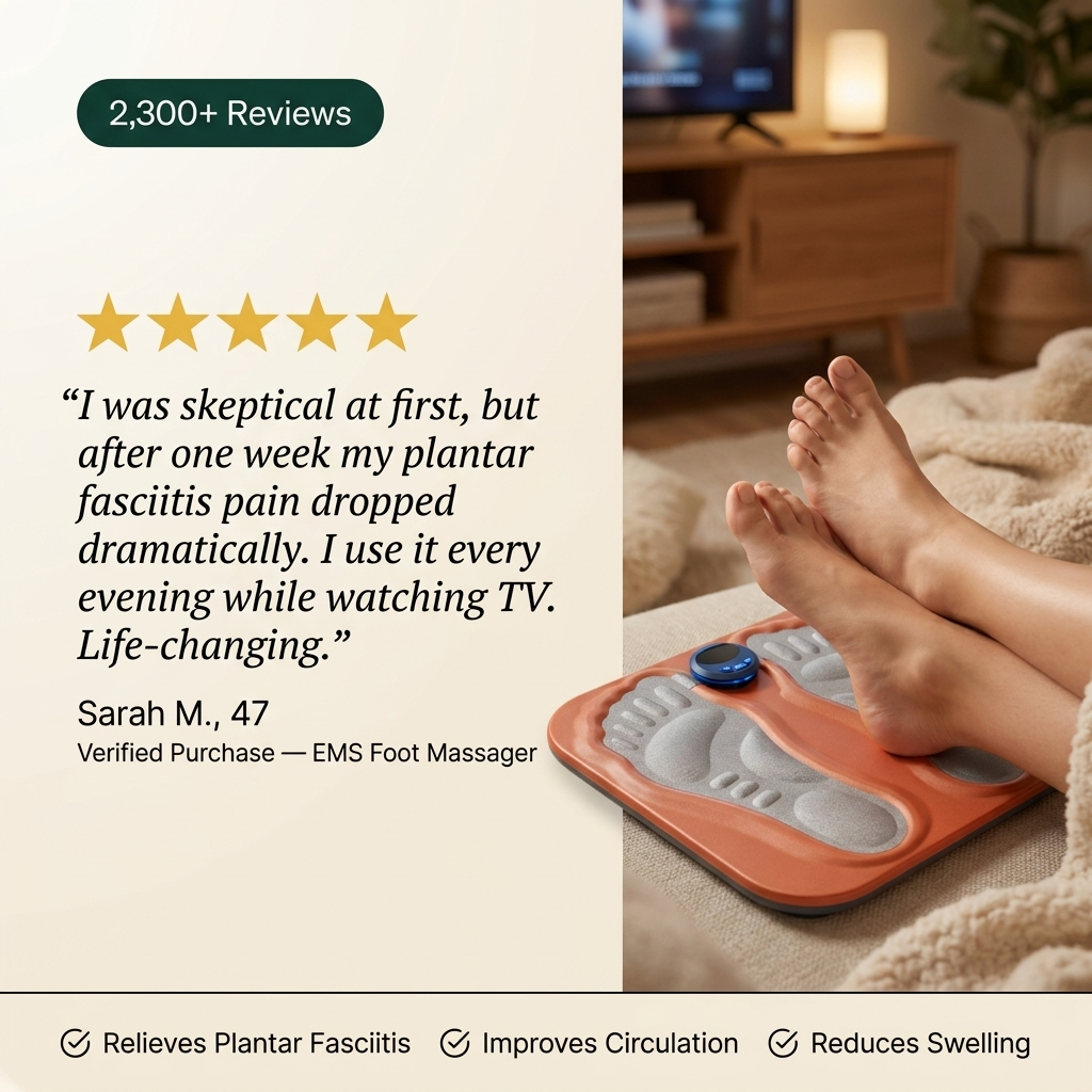 Alyqra EMS Foot Massager 5-star customer review testimonial with 2300 plus reviews