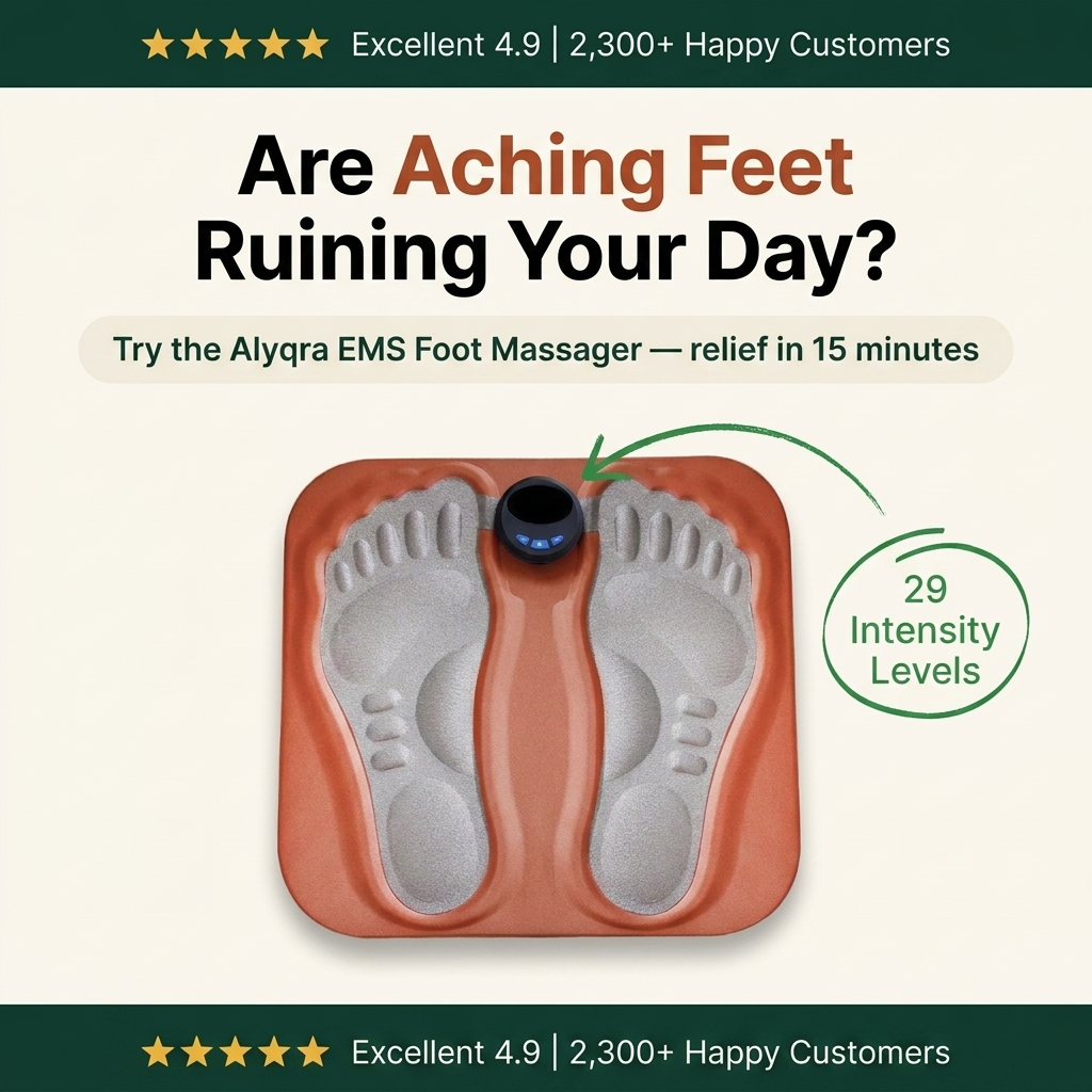 Alyqra EMS Foot Massager trust bar hero with 4.9 rating and 2300 happy customers