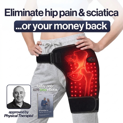 4-in-1 Red Light Hip Therapy Belt worn on hip — eliminate hip pain and sciatica or your money back