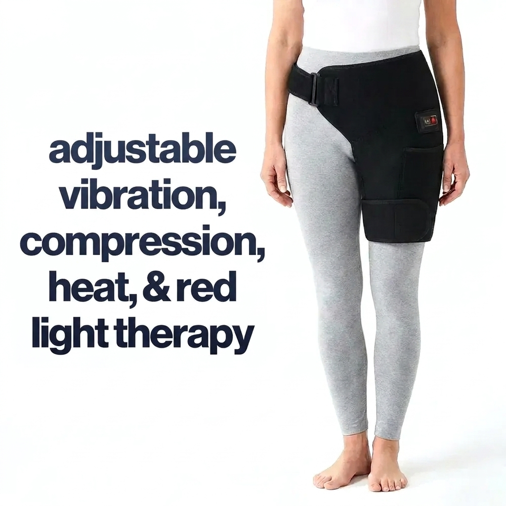 Hip therapy belt with adjustable vibration, compression, heat and red light therapy