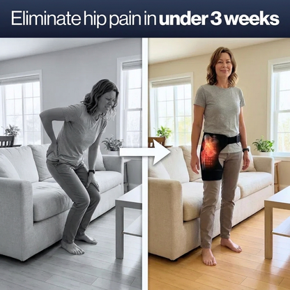 Before and after — woman standing comfortably wearing hip therapy belt at home