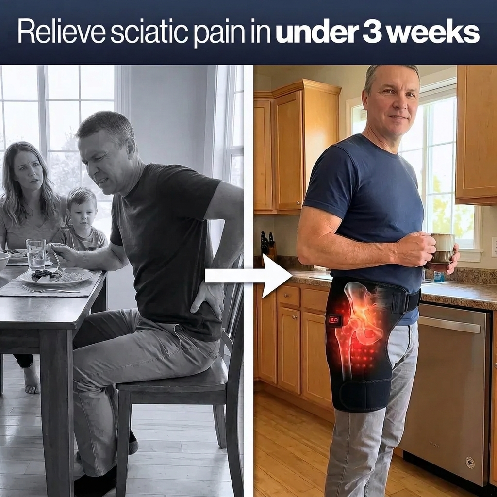 Before and after — man relieved of sciatic pain wearing hip therapy belt in kitchen
