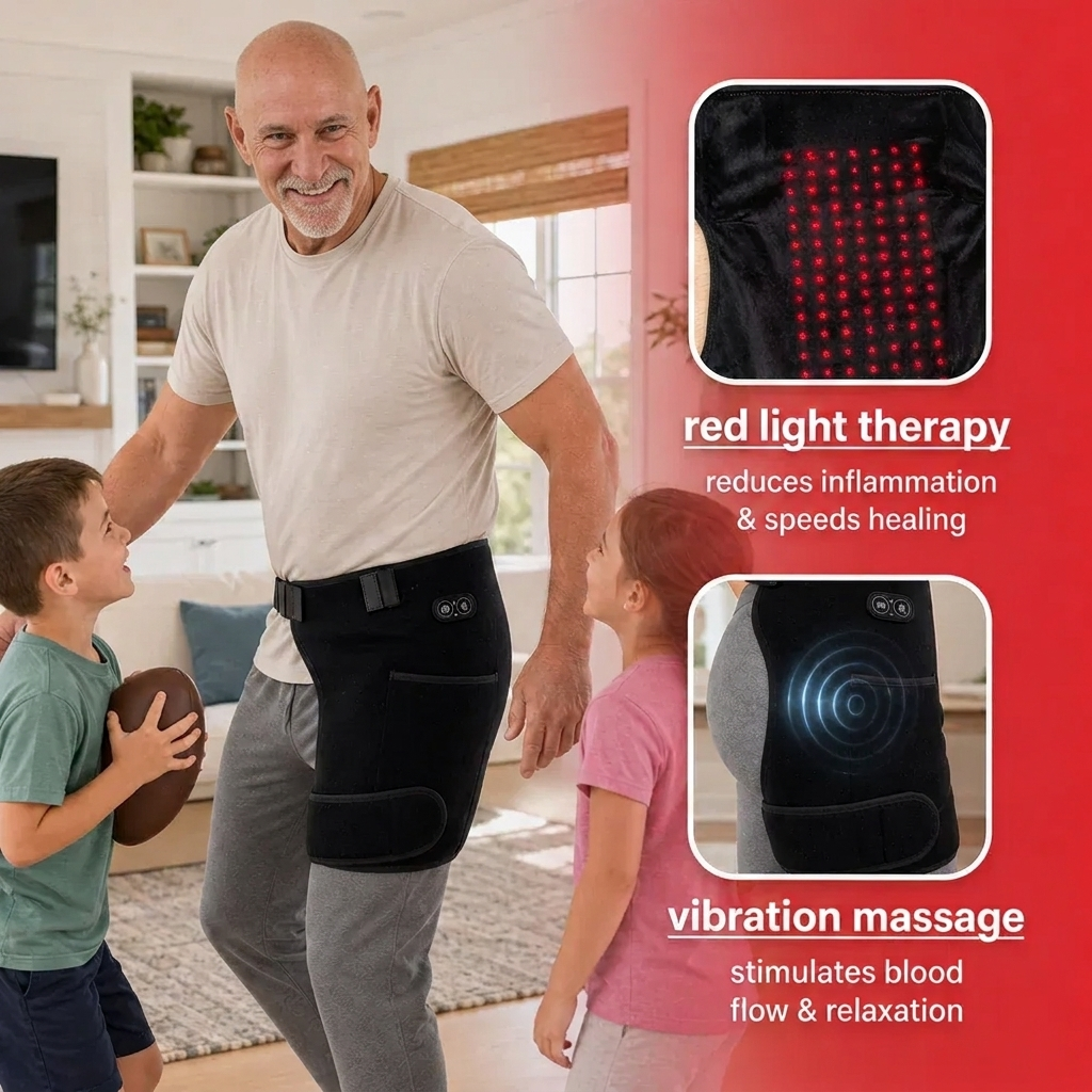 Red light therapy LEDs and vibration massage — man wearing hip belt while playing with grandchildren
