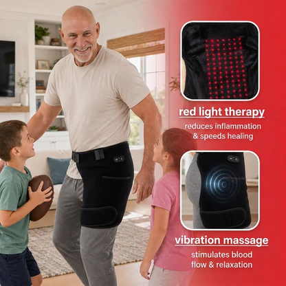 Red light therapy LEDs and vibration massage — man wearing hip belt while playing with grandchildren